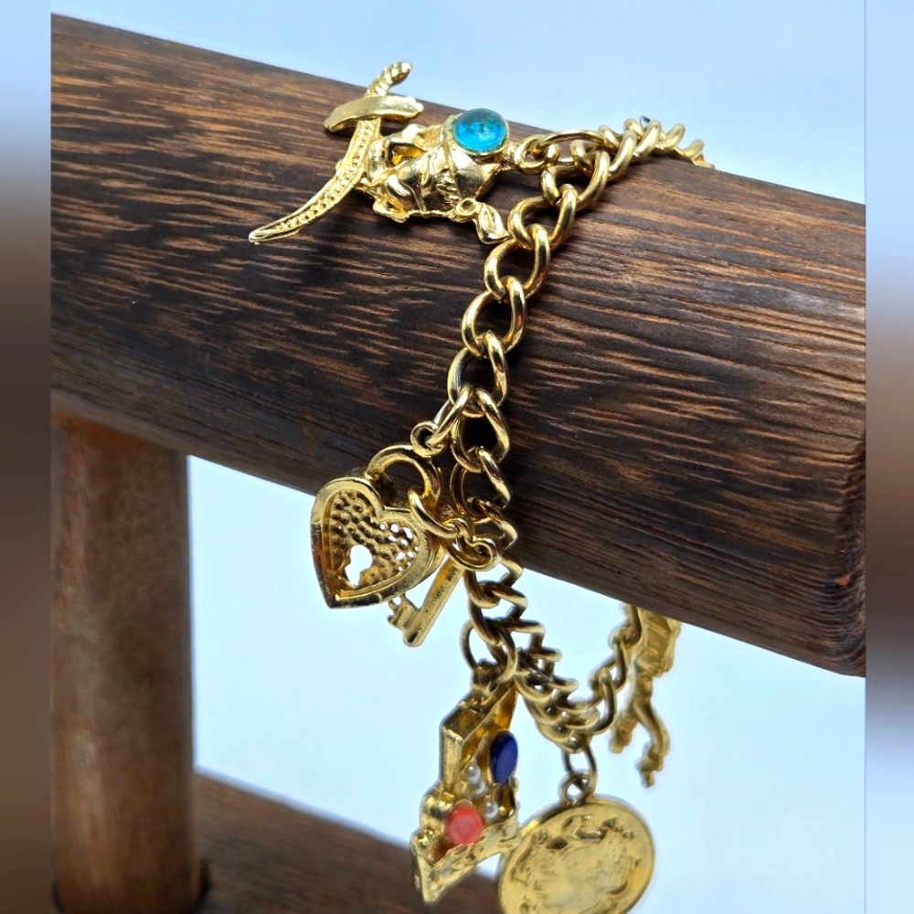 70's Gold Tone Charm Bracelet Pirate Theme Link Bracelet Costume Fashion Jewelry